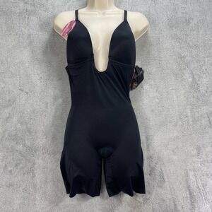 Spanx Plunge Low Back Mid Thigh Bodysuit Womens Large Black Convertible Straps